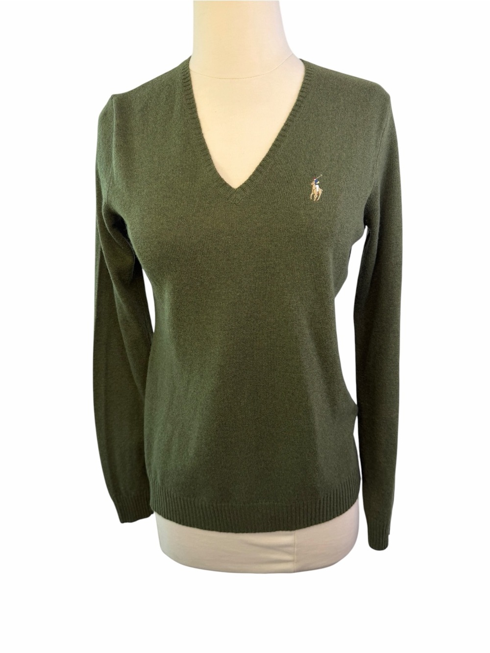Ralph Lauren Sport Olive V-Neck Merino Wool Sweater Polo Horse Med - Picture 7 of 13